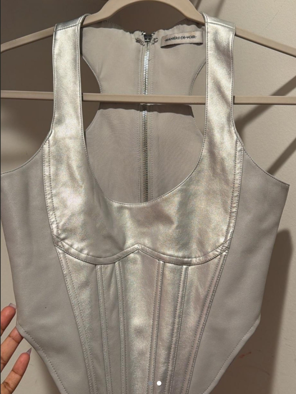 Maniere De Voir Iridescent Silver Corset Tank Top